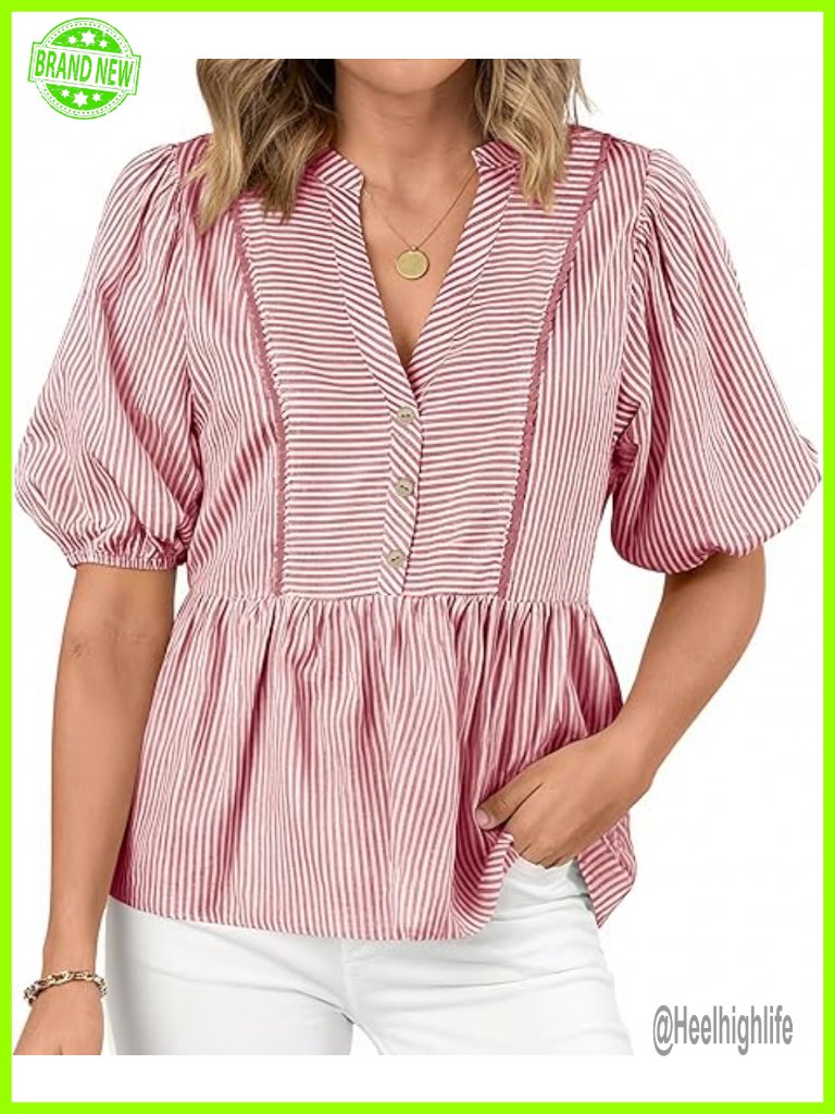 Women's Summer Peplum Blouse Lantern Short Sleeve V Neck Button Babydoll Tunic